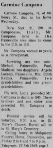 campana (carmine) 1969 obituary
