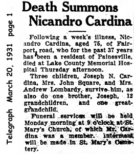 cardegna (nicandro) 1931 obituary