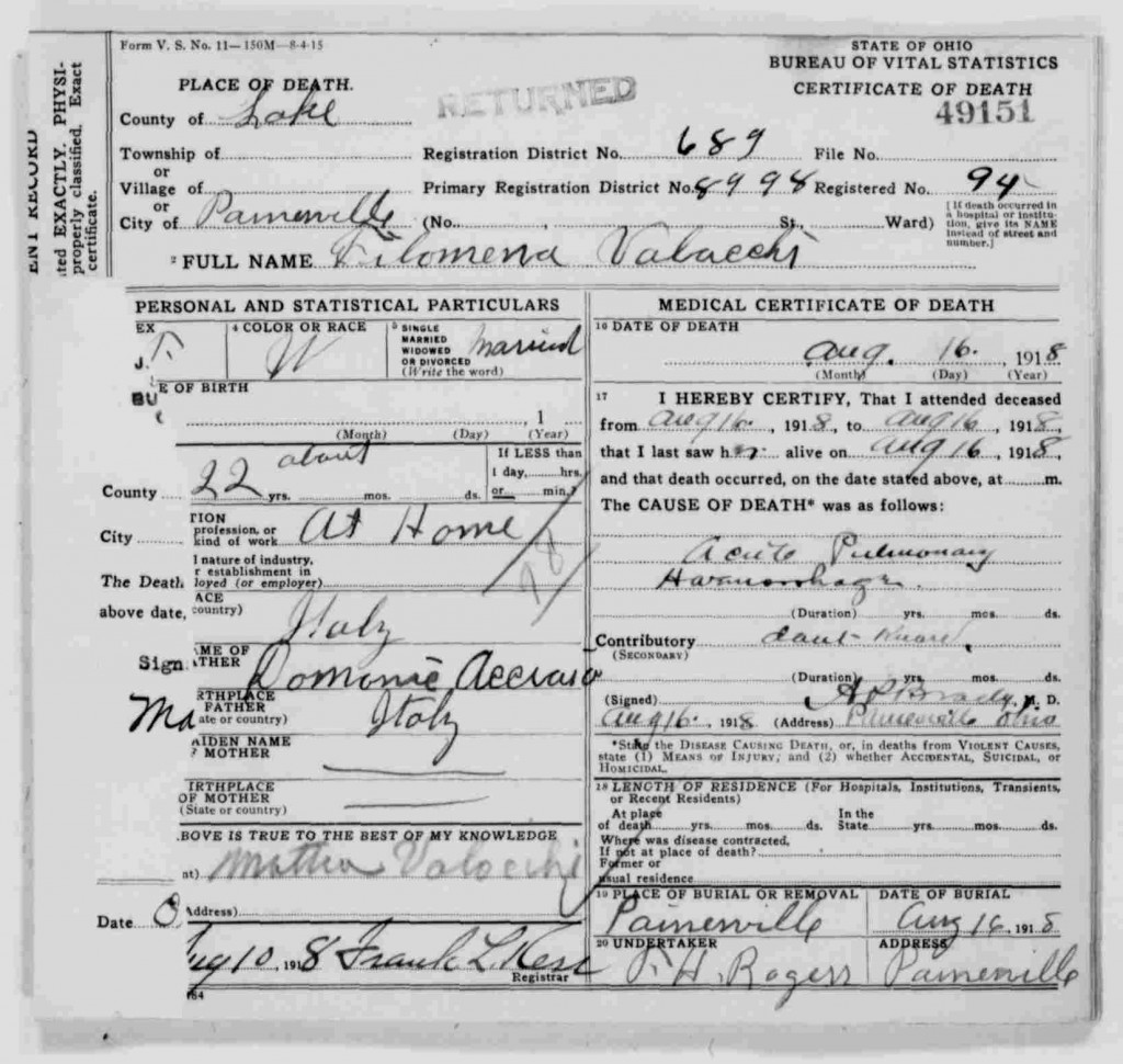 valocchi (filomena acciaso) 1918 death certificate