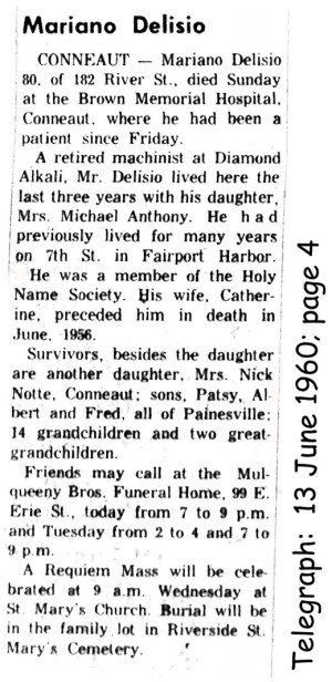 delisio (mariano) 1960 obituary