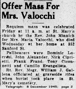 valocchi (maria ______) 1945 obituary - rites