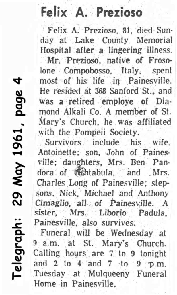prezioso (felix a.) 1961 obituary