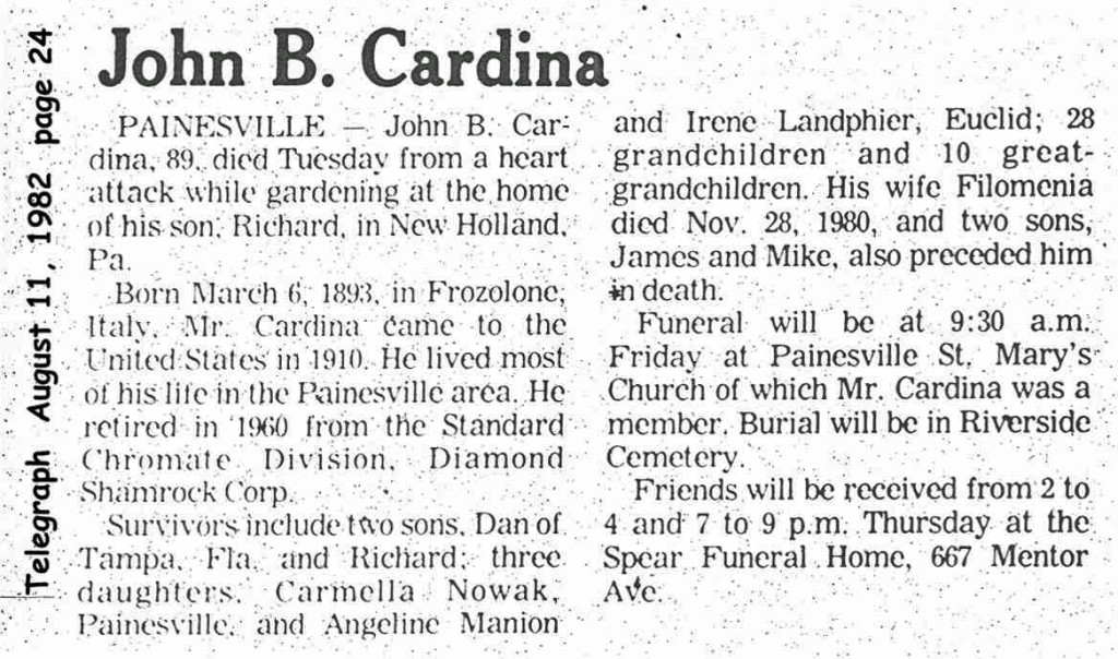 cardegna (giovanni) 1982 obituary