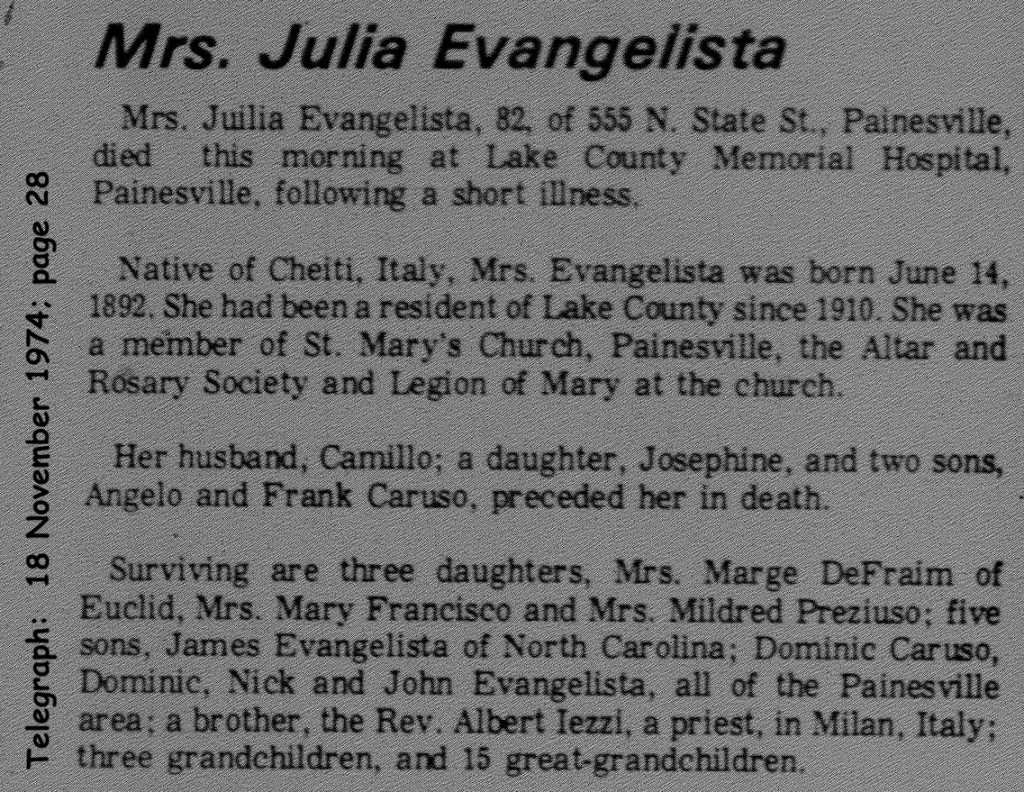 evangelista (giulia iezza caruso) 1974 obituary