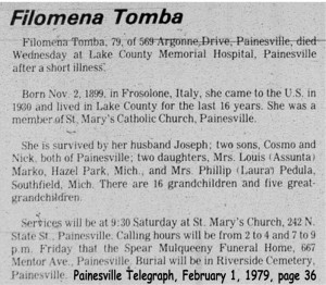 tomba (filomena colacell) 1979 obituary