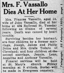 vassallo (francesca gerace)  1933 obituary