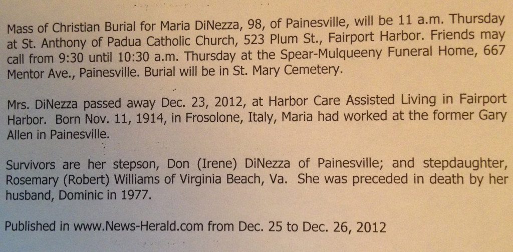 DiNezza (Maria) 2012 obituary